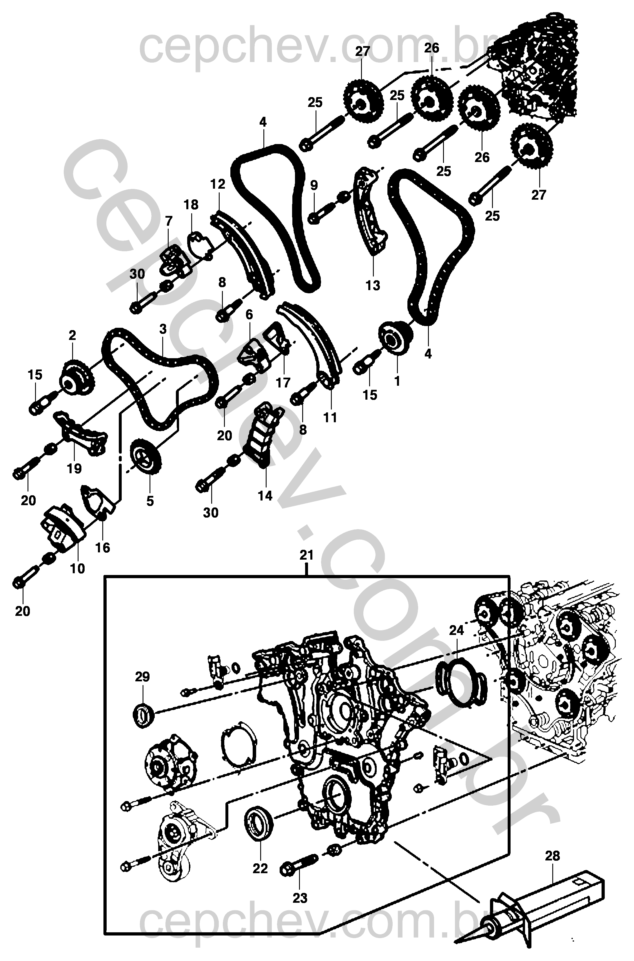 Corrente e engrenagens da distribuição do motor (2005–)
