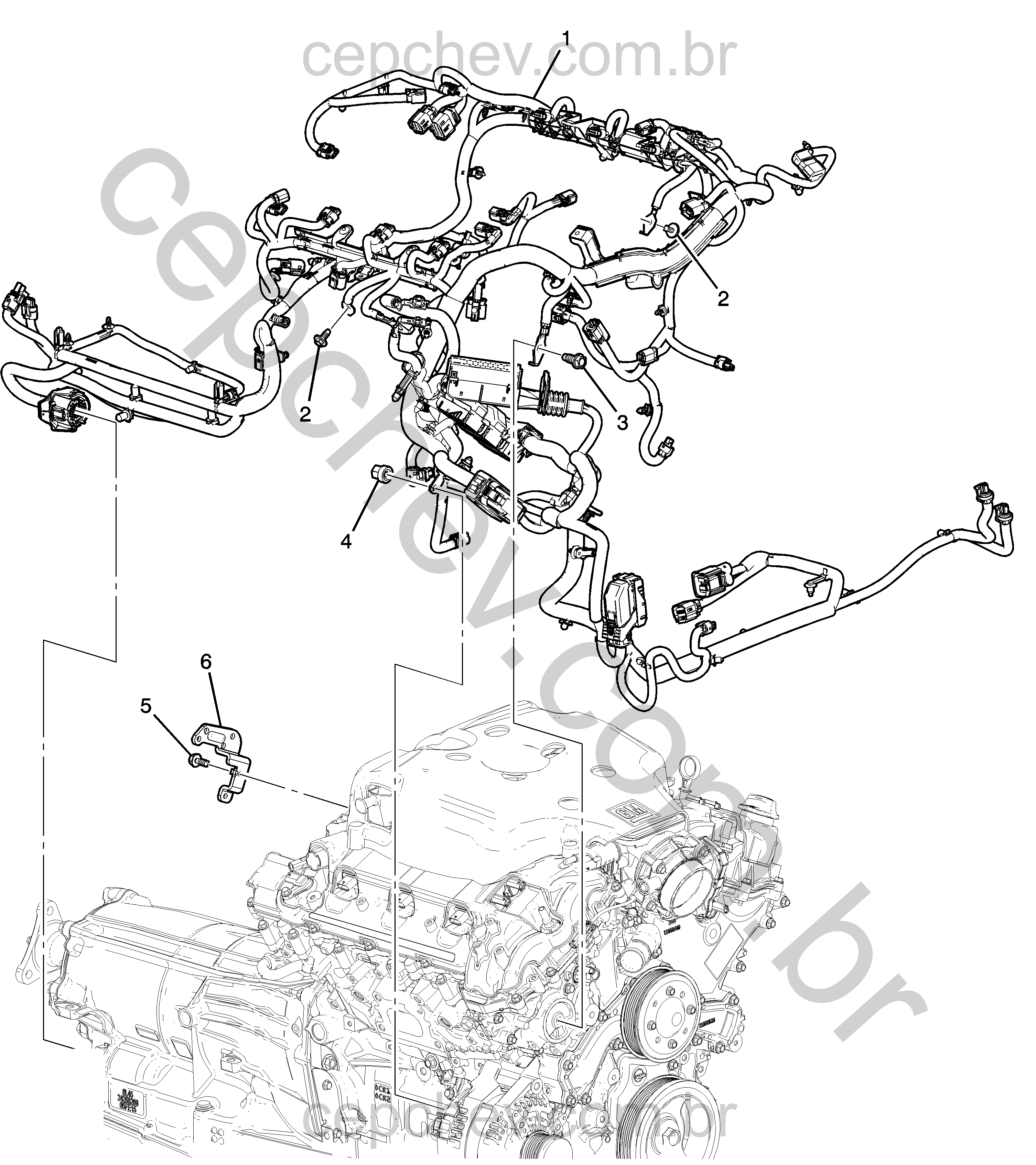 Chicote e fiação do motor 3.6S (LGX) com suportes e fixadores diversos
