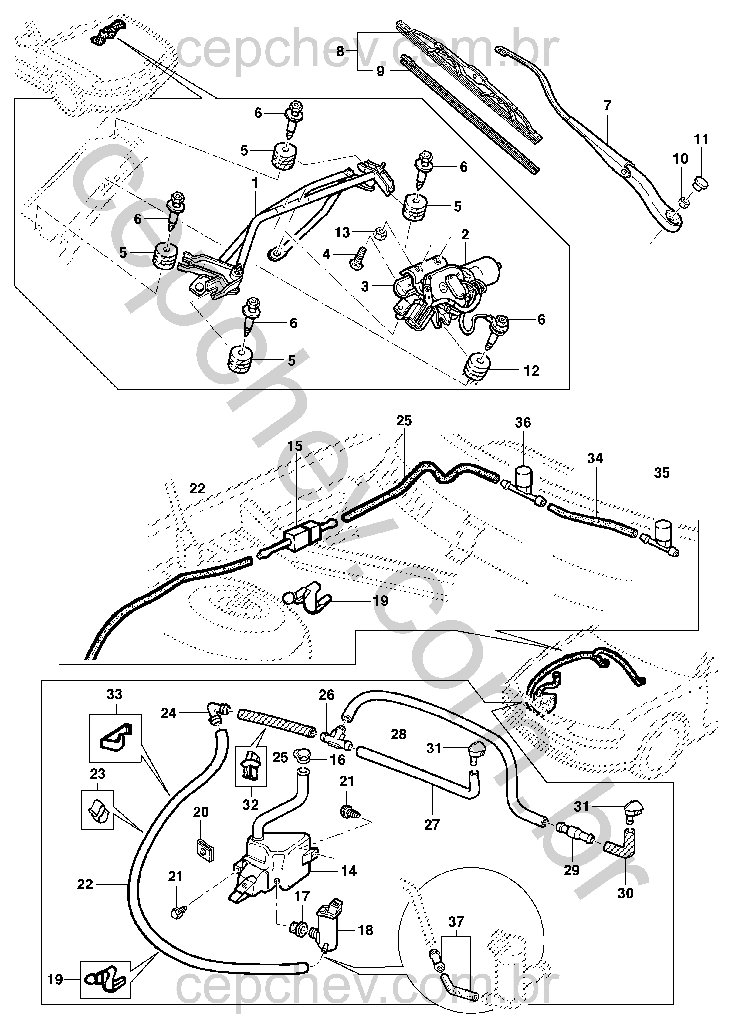Limpador e lavador do para-brisa (1999–2006) com motor, bomba e mangueiras completas