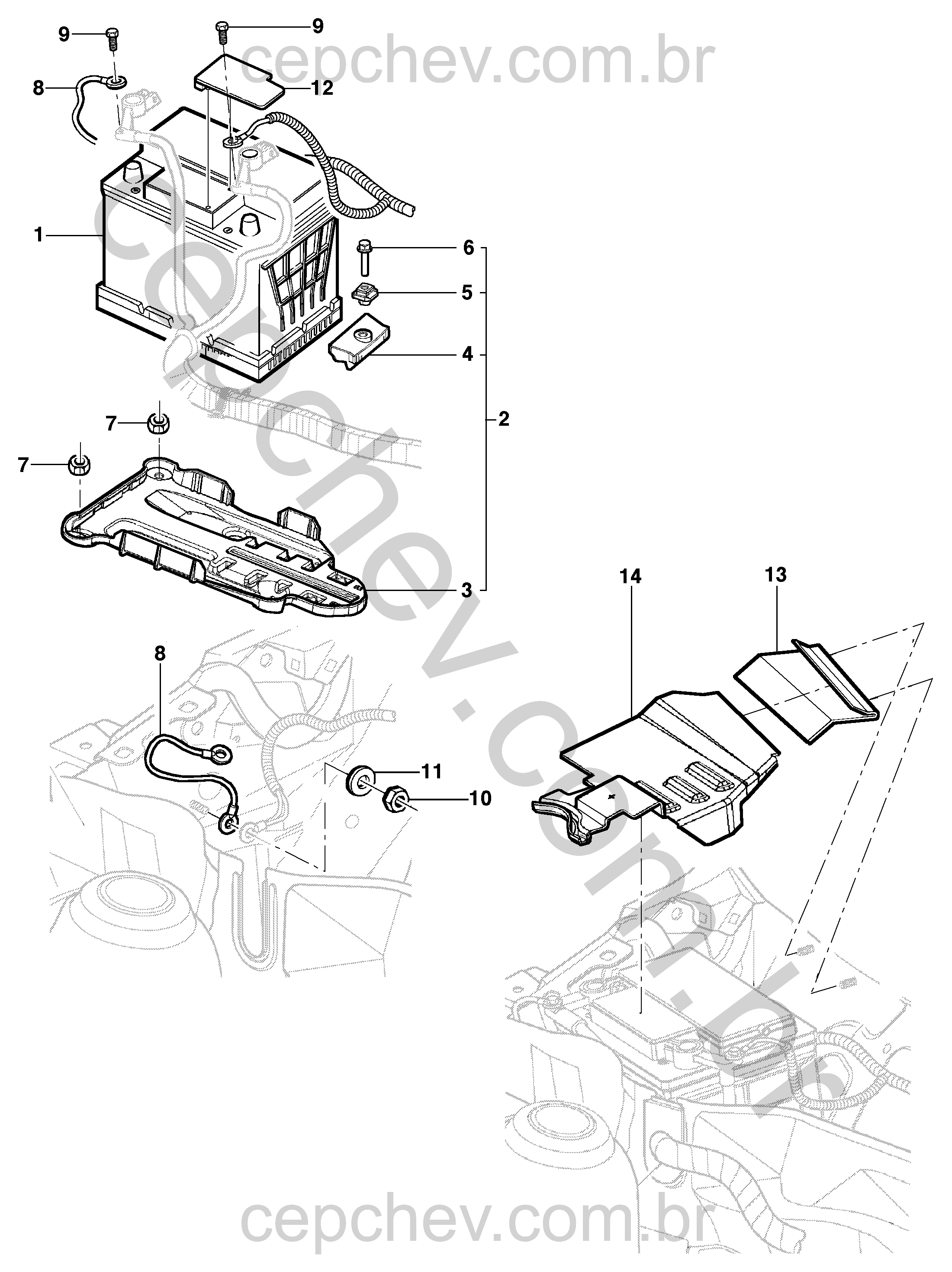 Bateria e cabos para sedan, hatch e pick-up com acessórios e suportes completos