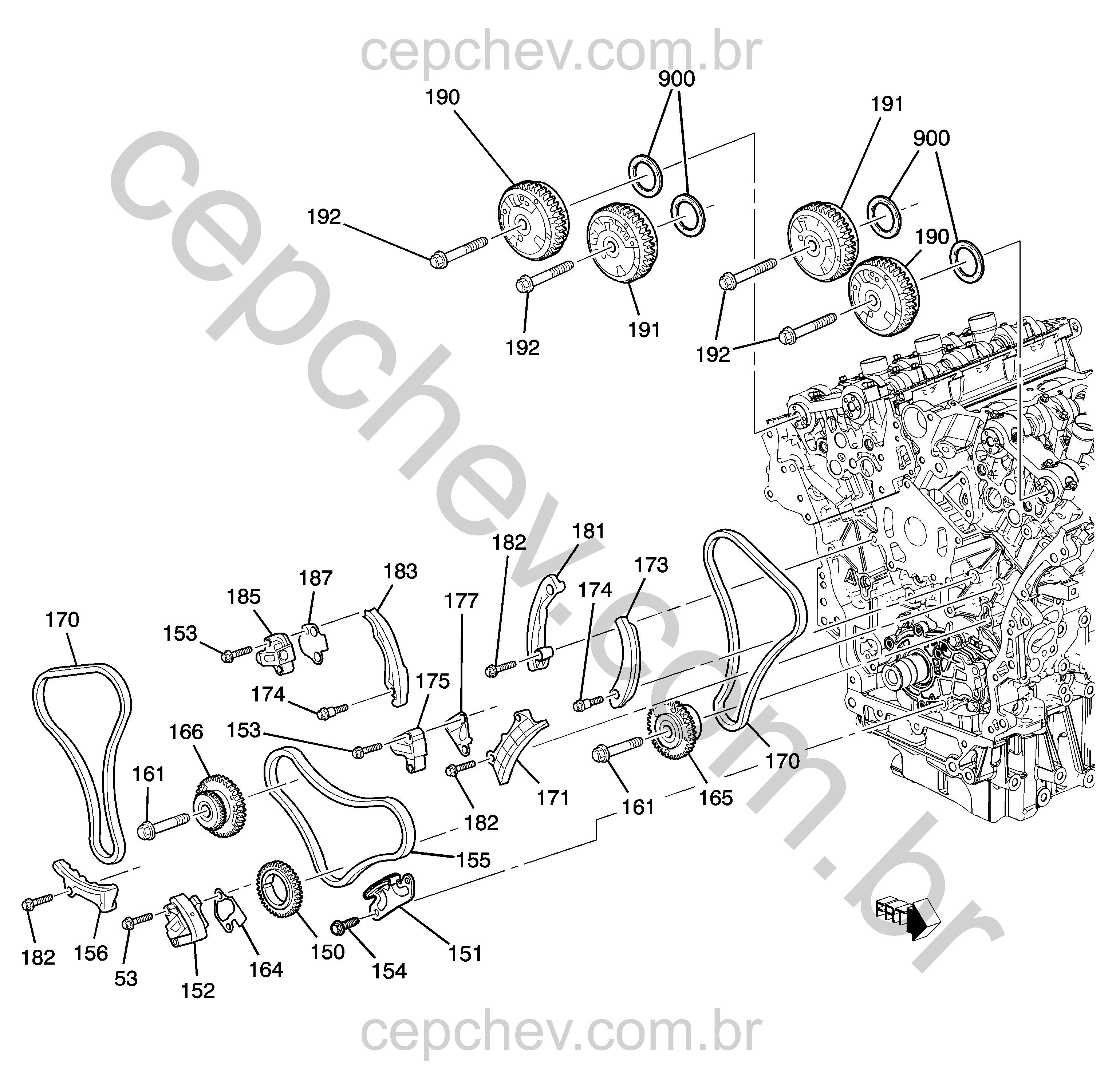 Correia, tensionador e componentes de regulagem do motor 3.0L V6 (LF1)