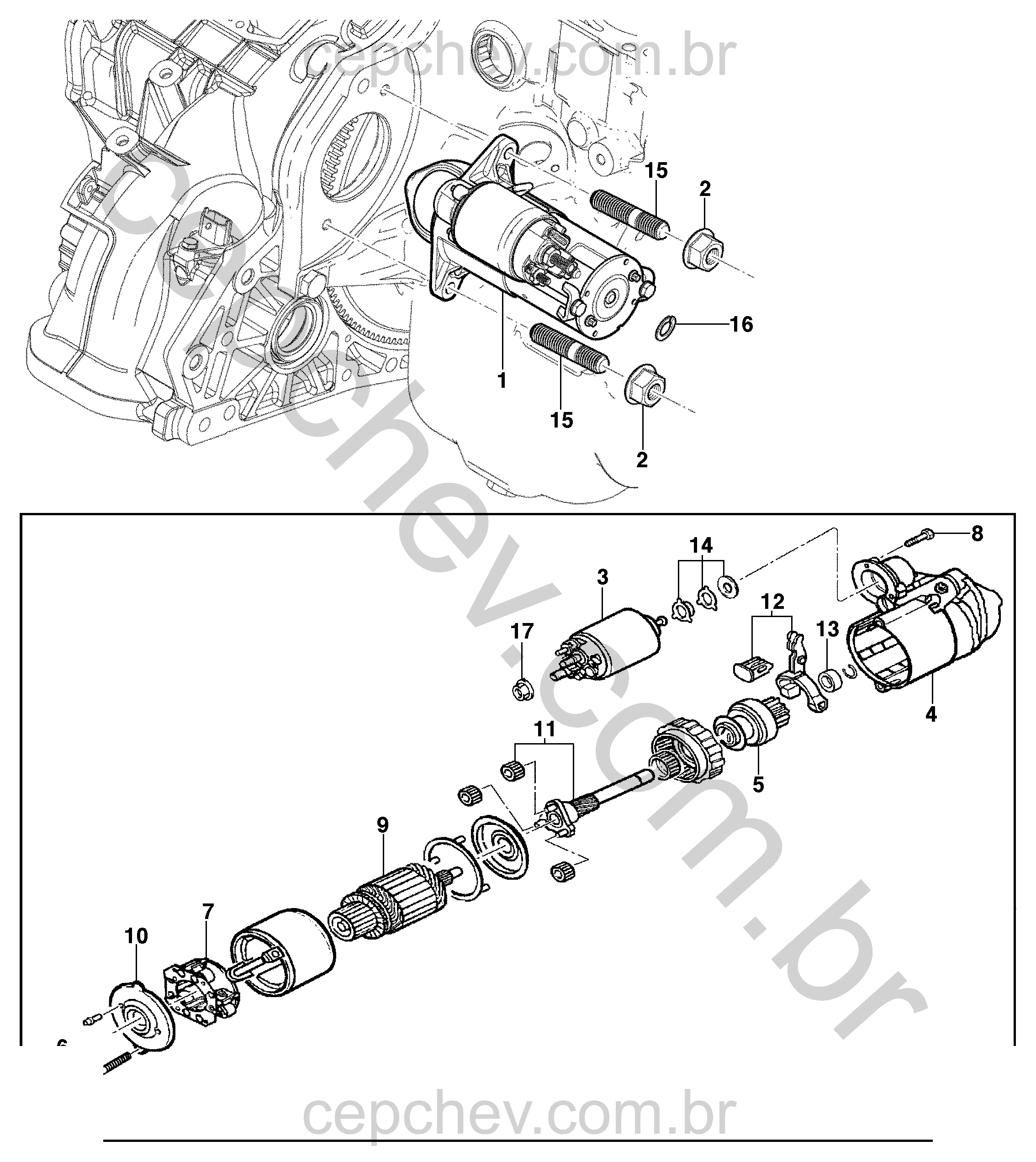 Motor de partida e suporte com componentes elétricos e mecânicos completos
