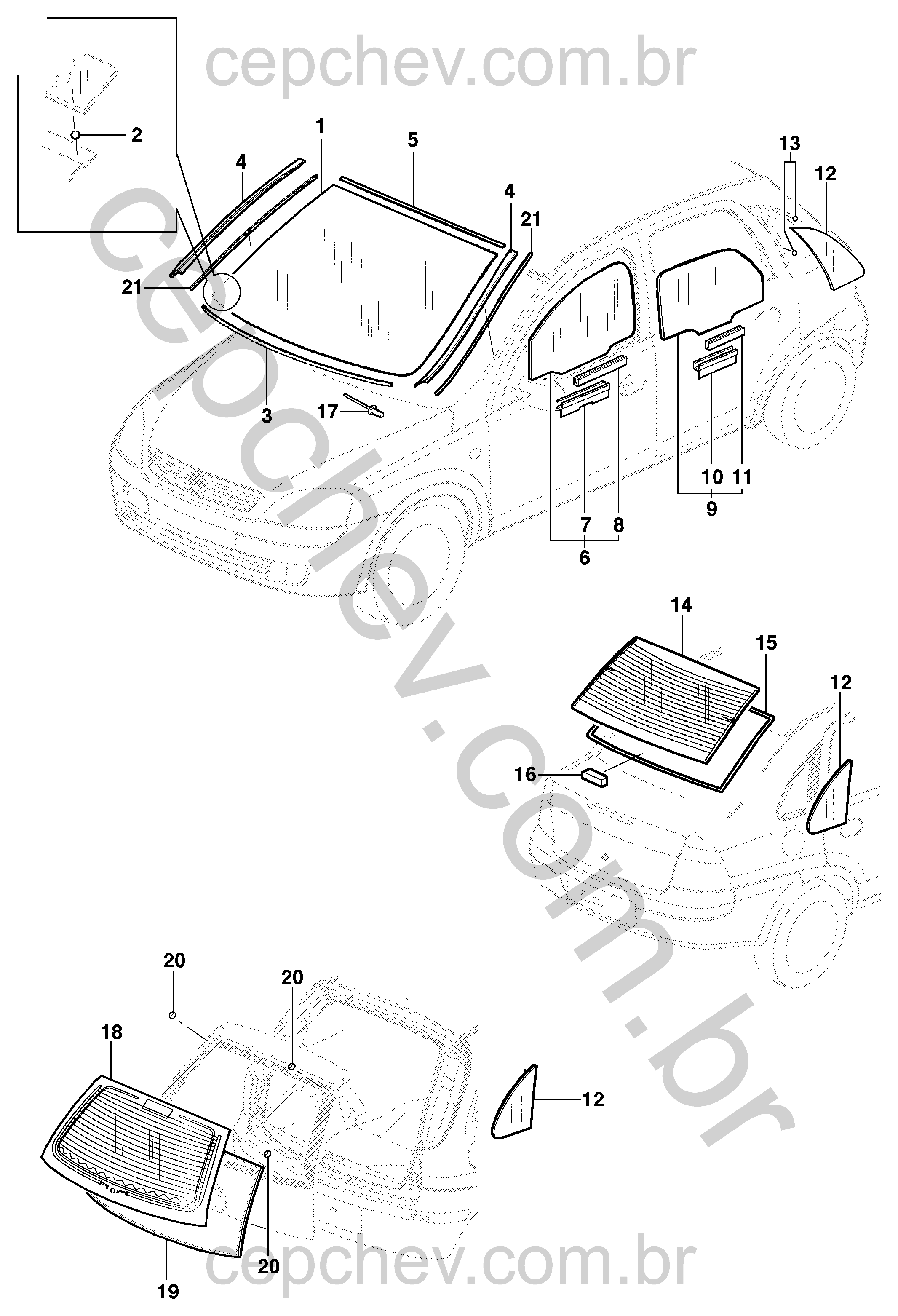 Vidros e molduras para sedan e hatch, incluindo para-brisa e portas