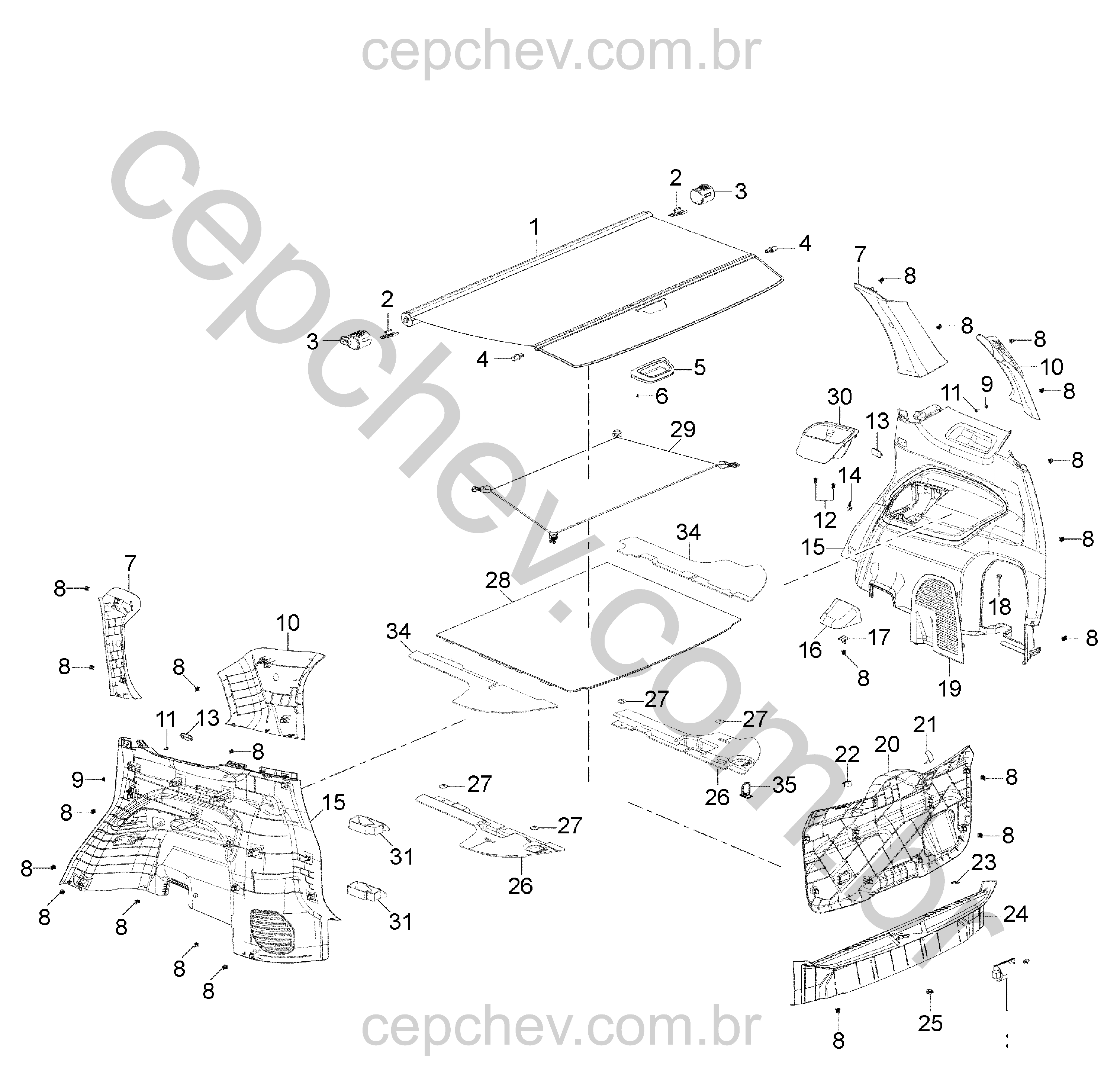 Acabamento e acessórios do compartimento de carga traseiro (RYJ, EXC)