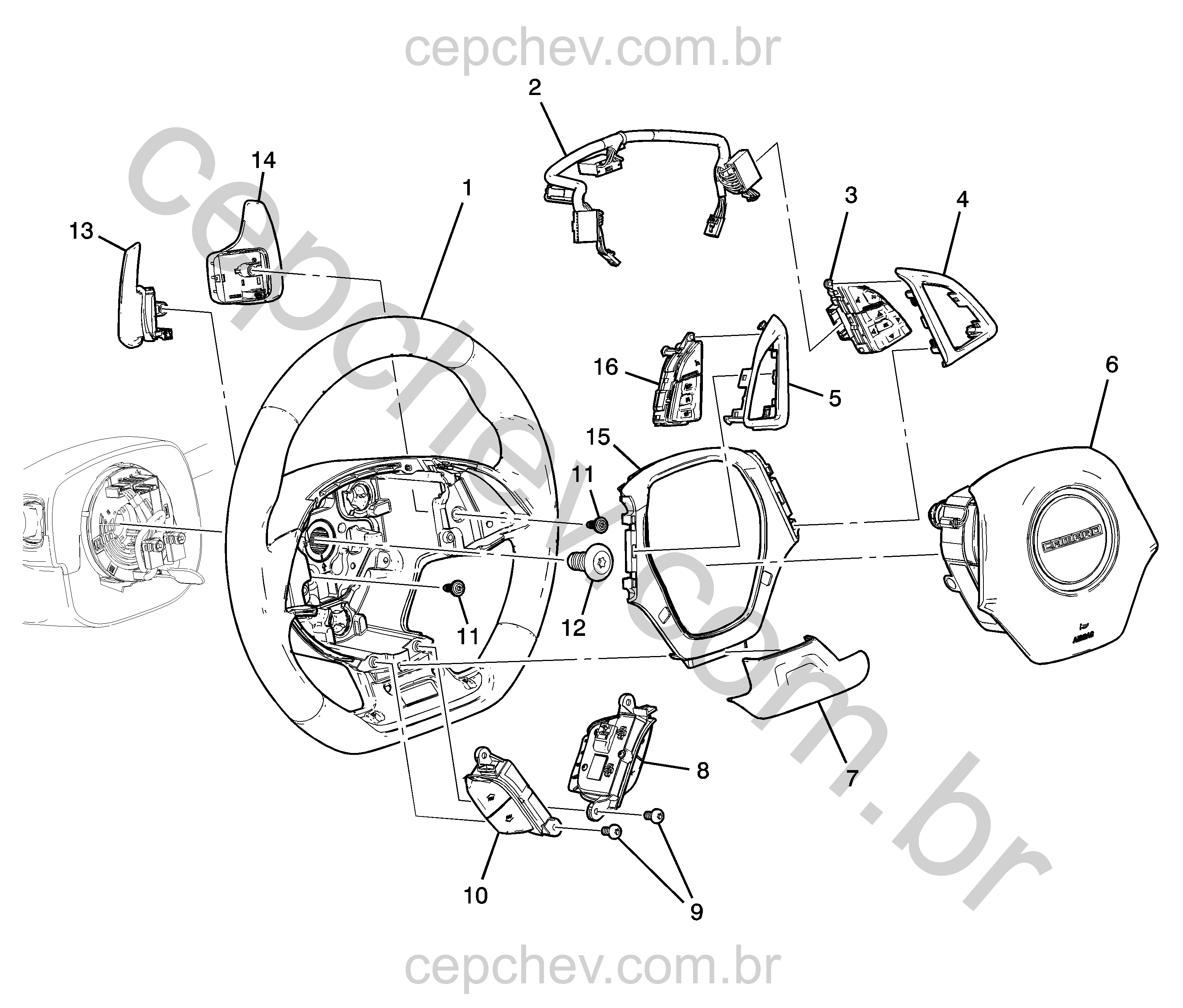 Volante de direção, airbag, interruptores e controles manuais