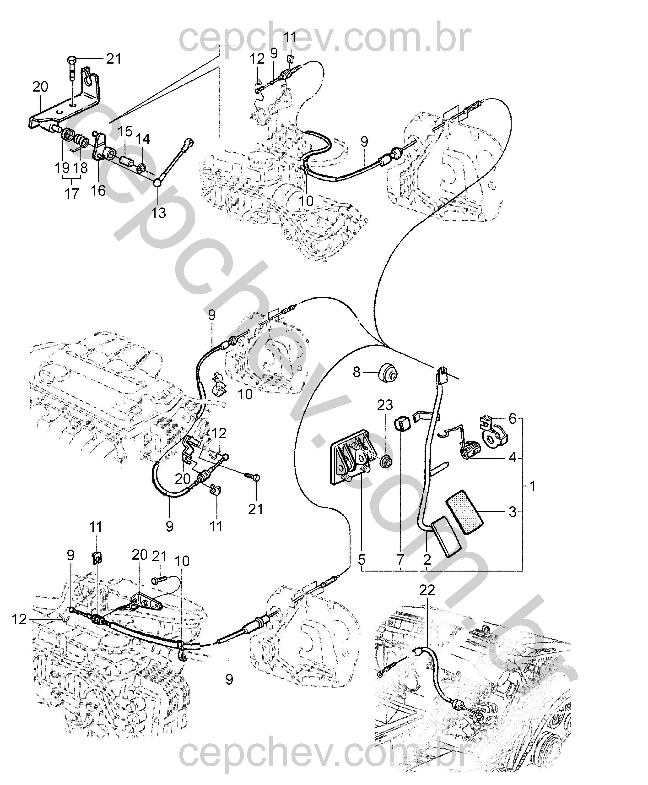 Pedal acelerador e controle (1994–2010) com cabos, alavancas e suportes