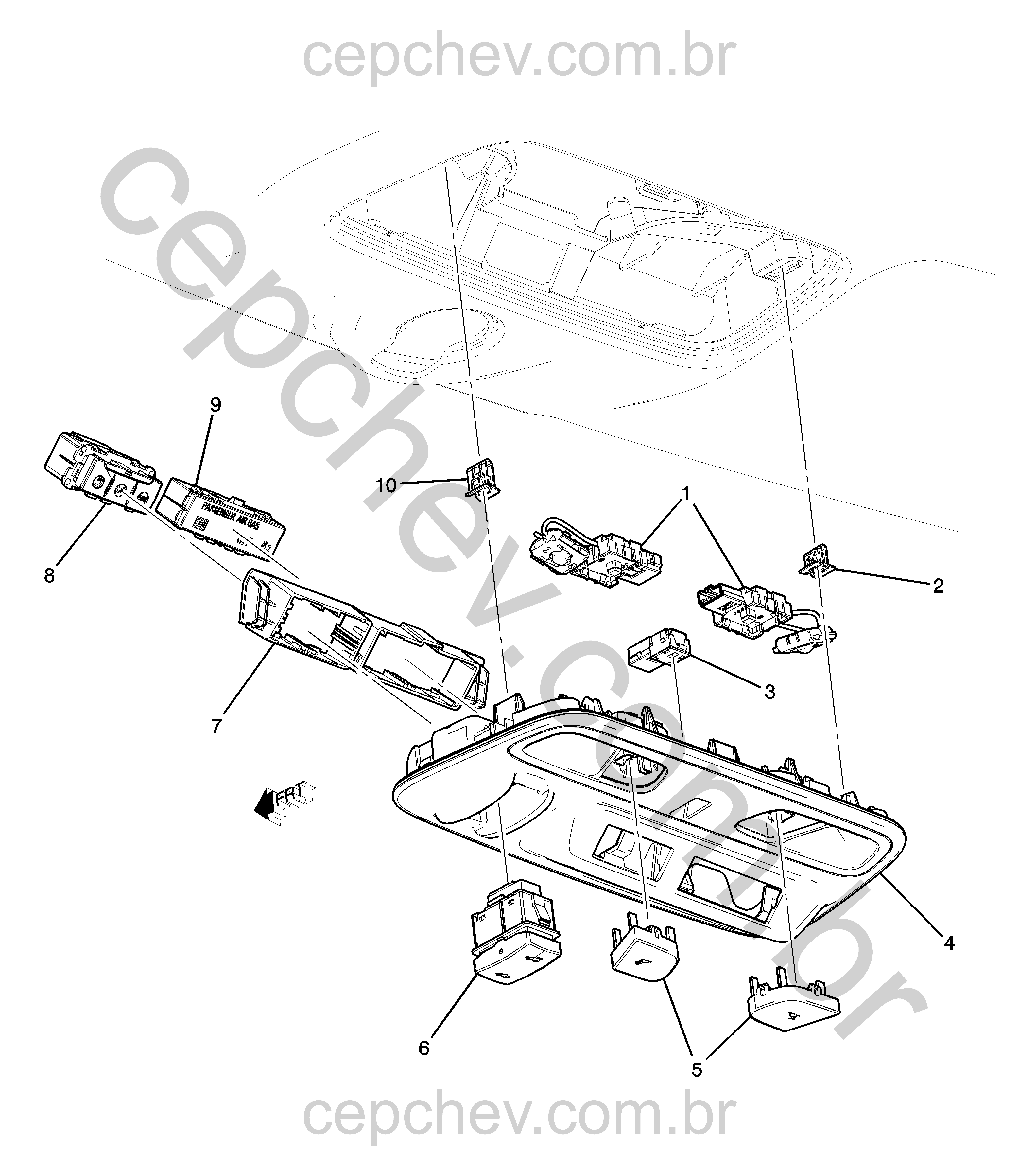 Console do teto com teto solar (2019–2024) e iluminação de cortesia (2)