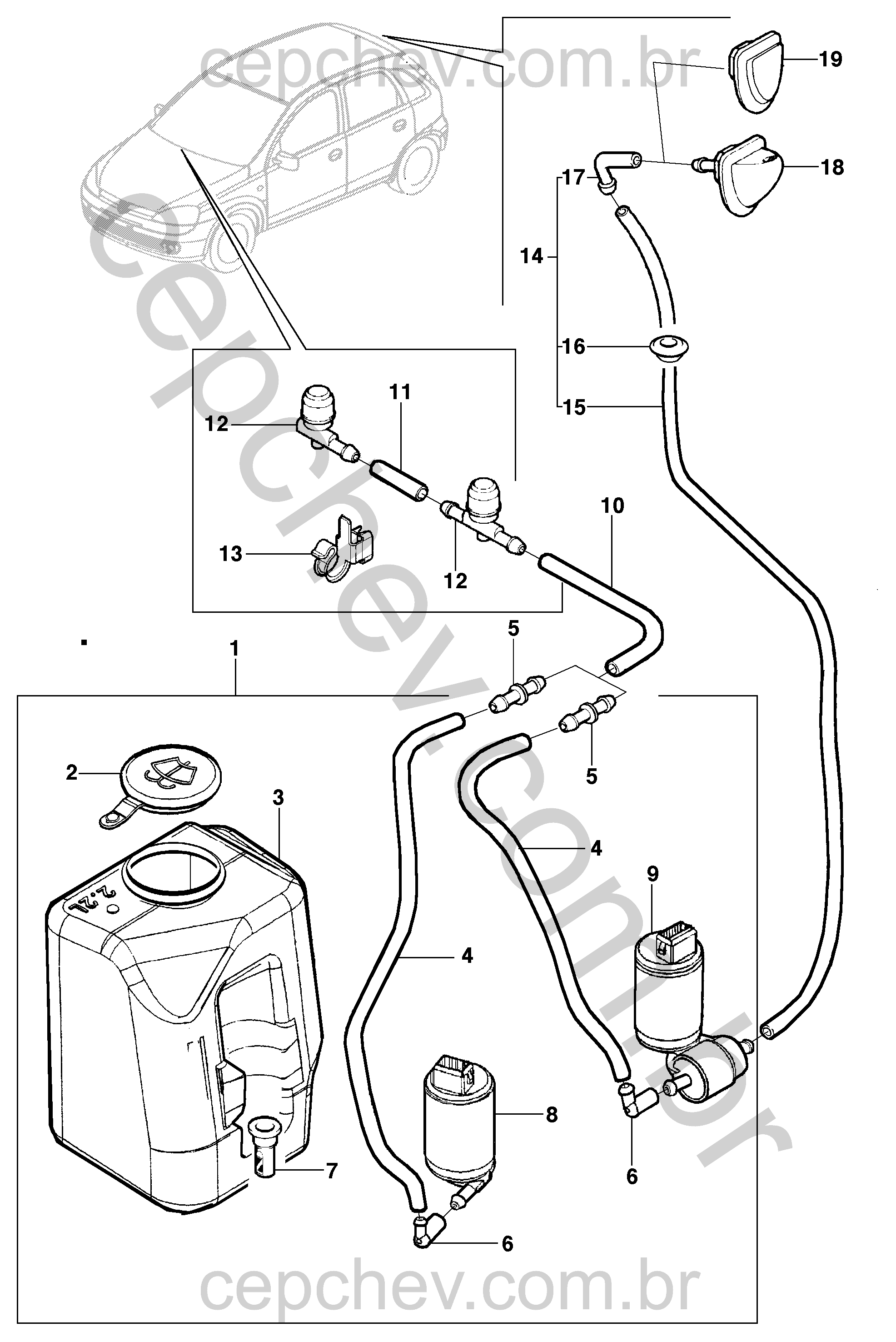 Lavador do para-brisa e vidro traseiro para sedan, hatch e pick-up