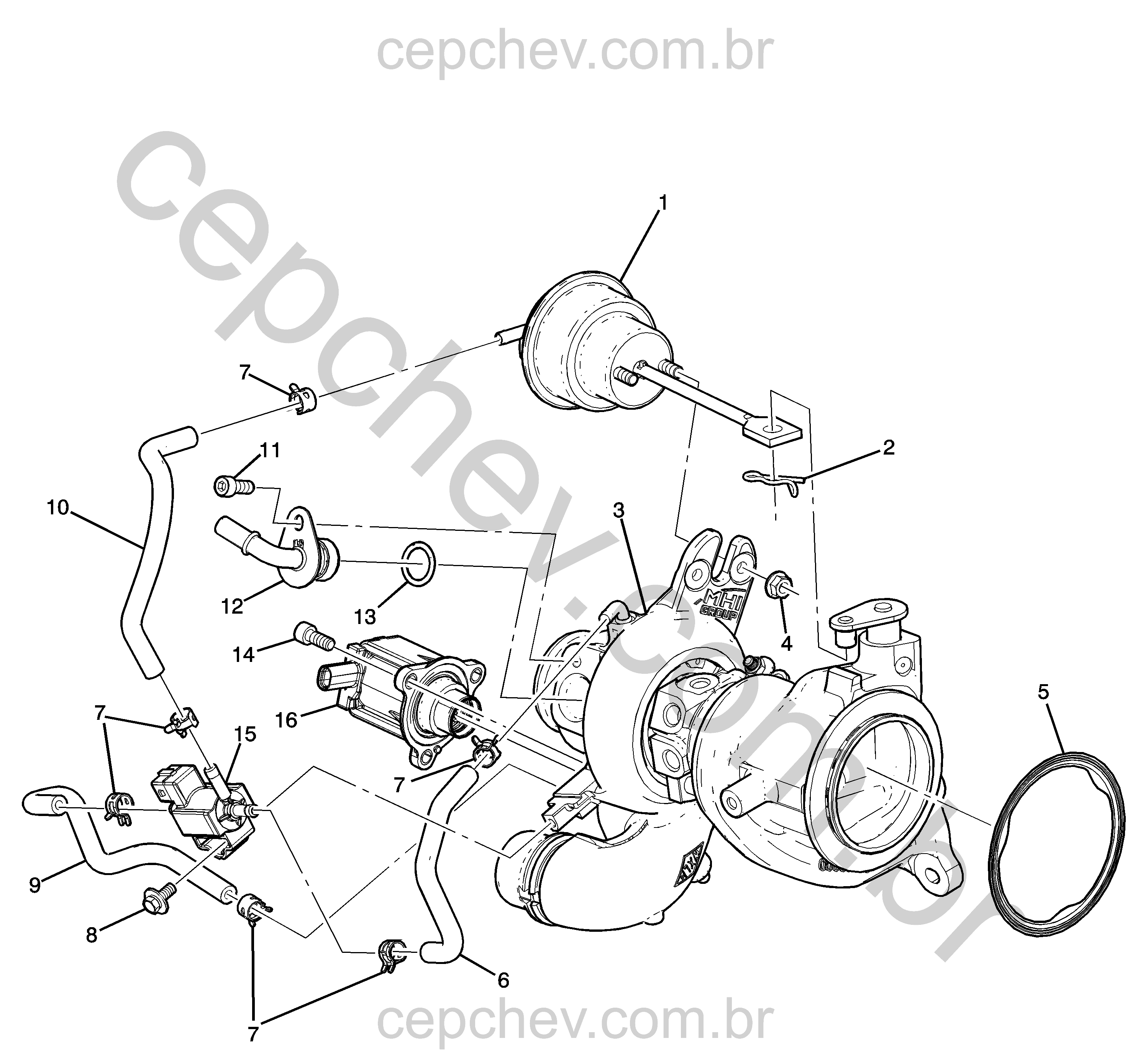 Turboalimentador e componentes de válvula de descarga e solenoide