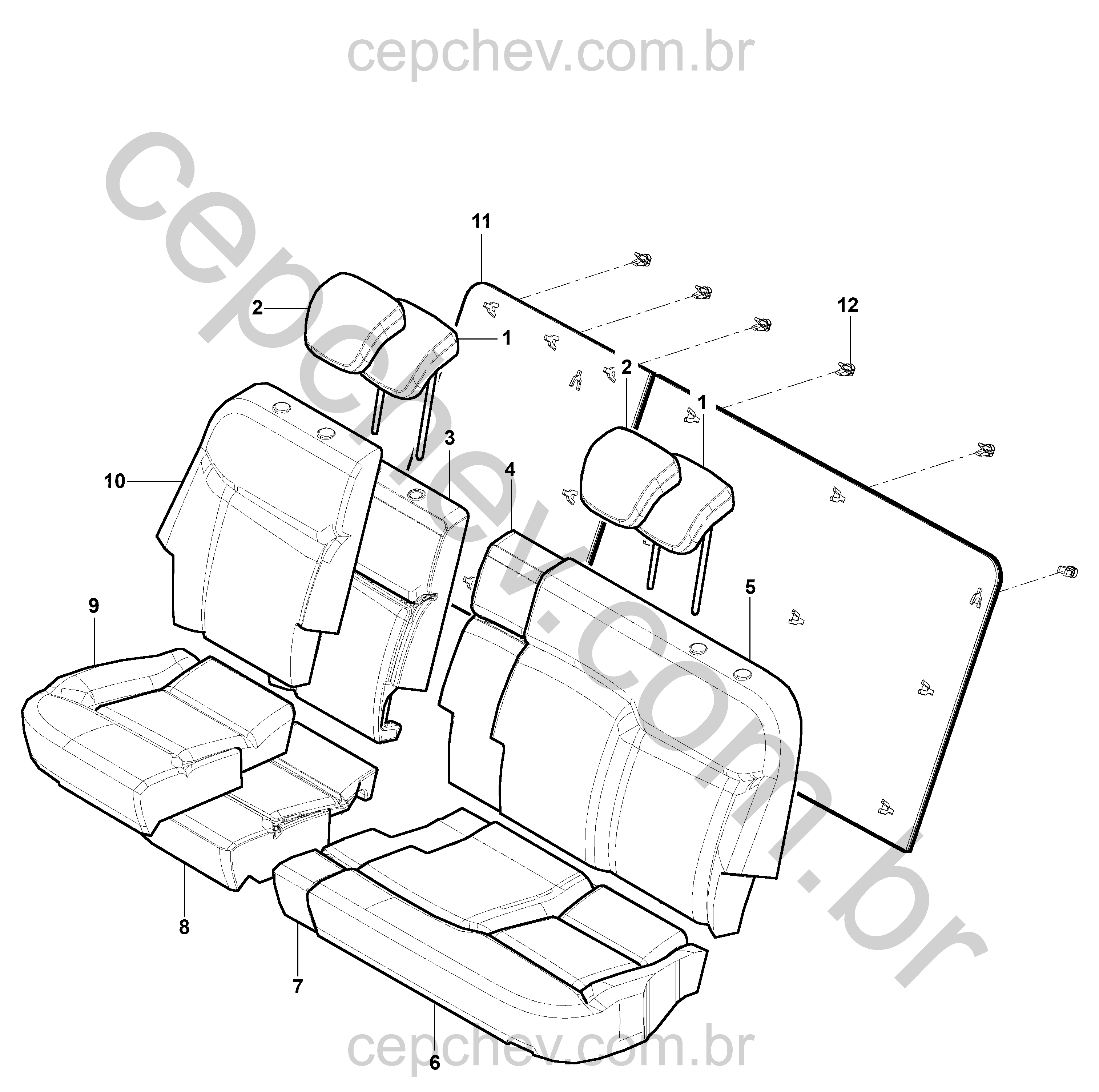 Conjunto de almofadas, capas e tampas para banco traseiro