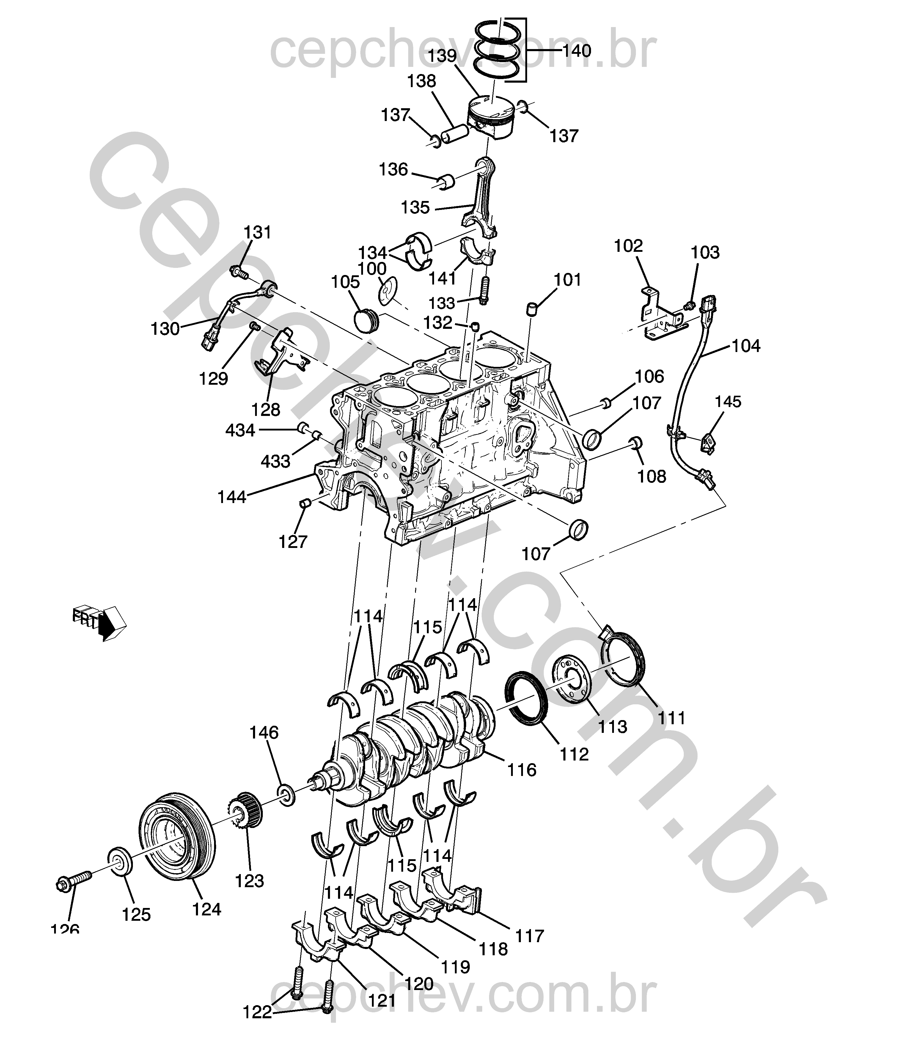 Bloco de cilindros e peças internas do motor 1.6L L4 (LFJ)