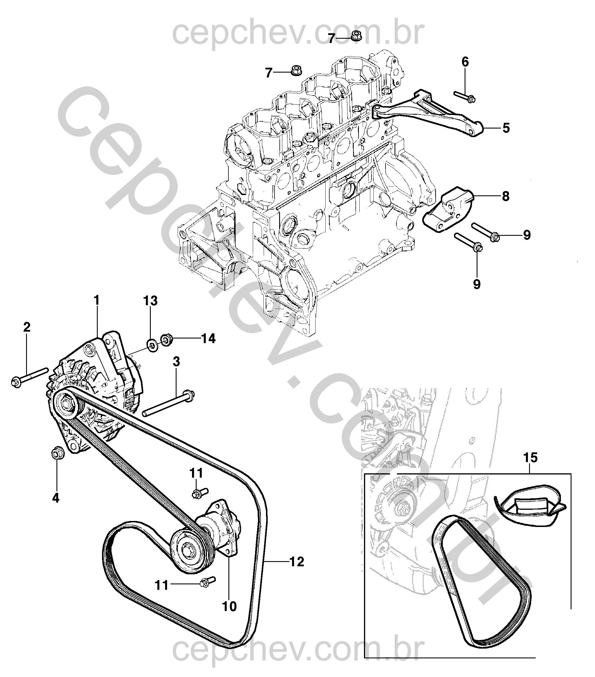 Fixação e suporte do alternador com correia e fiação (2010)