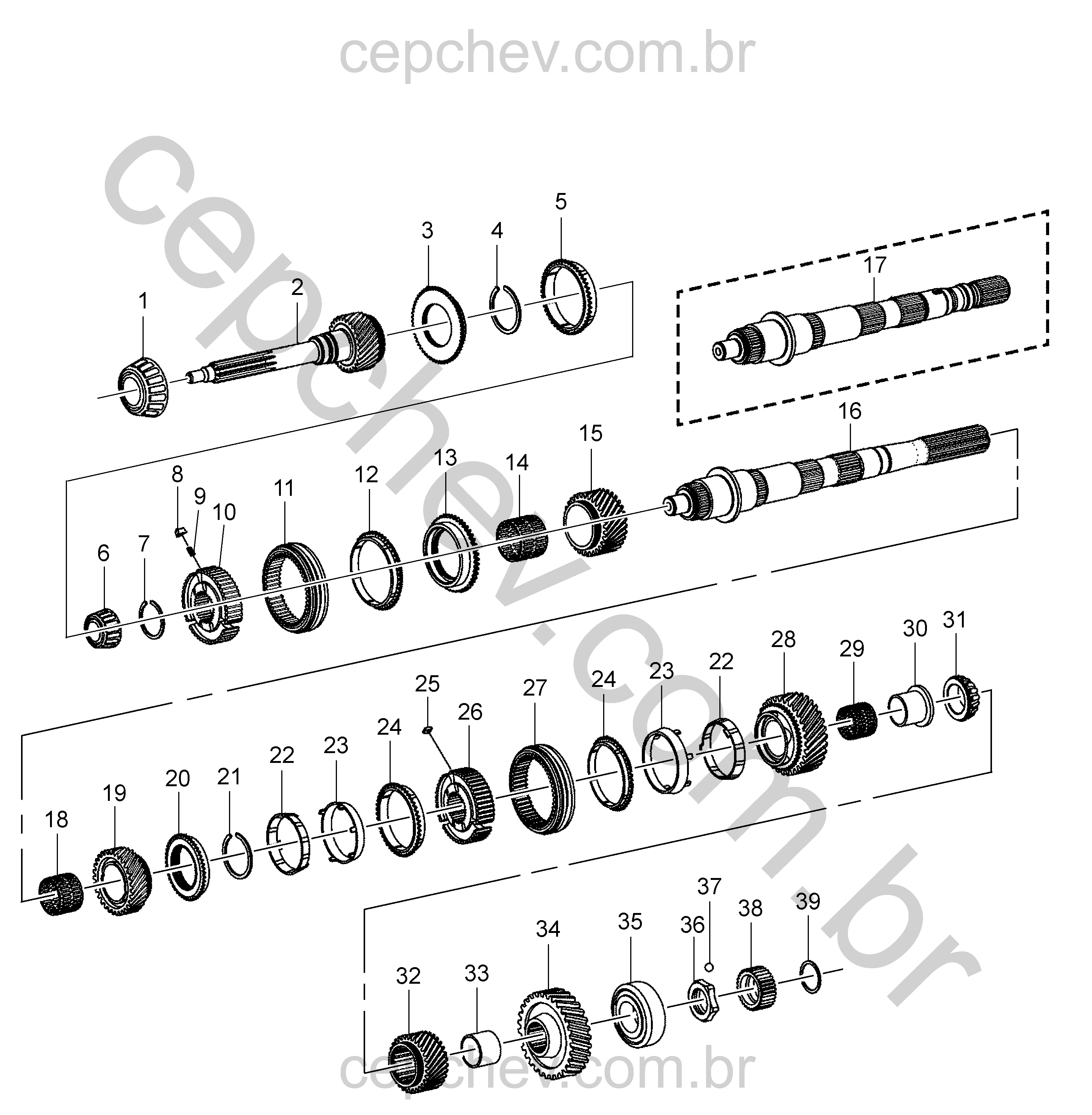 Transmissão manual 5 marchas (MYG, MYN) com peças de sincronização e eixo principal