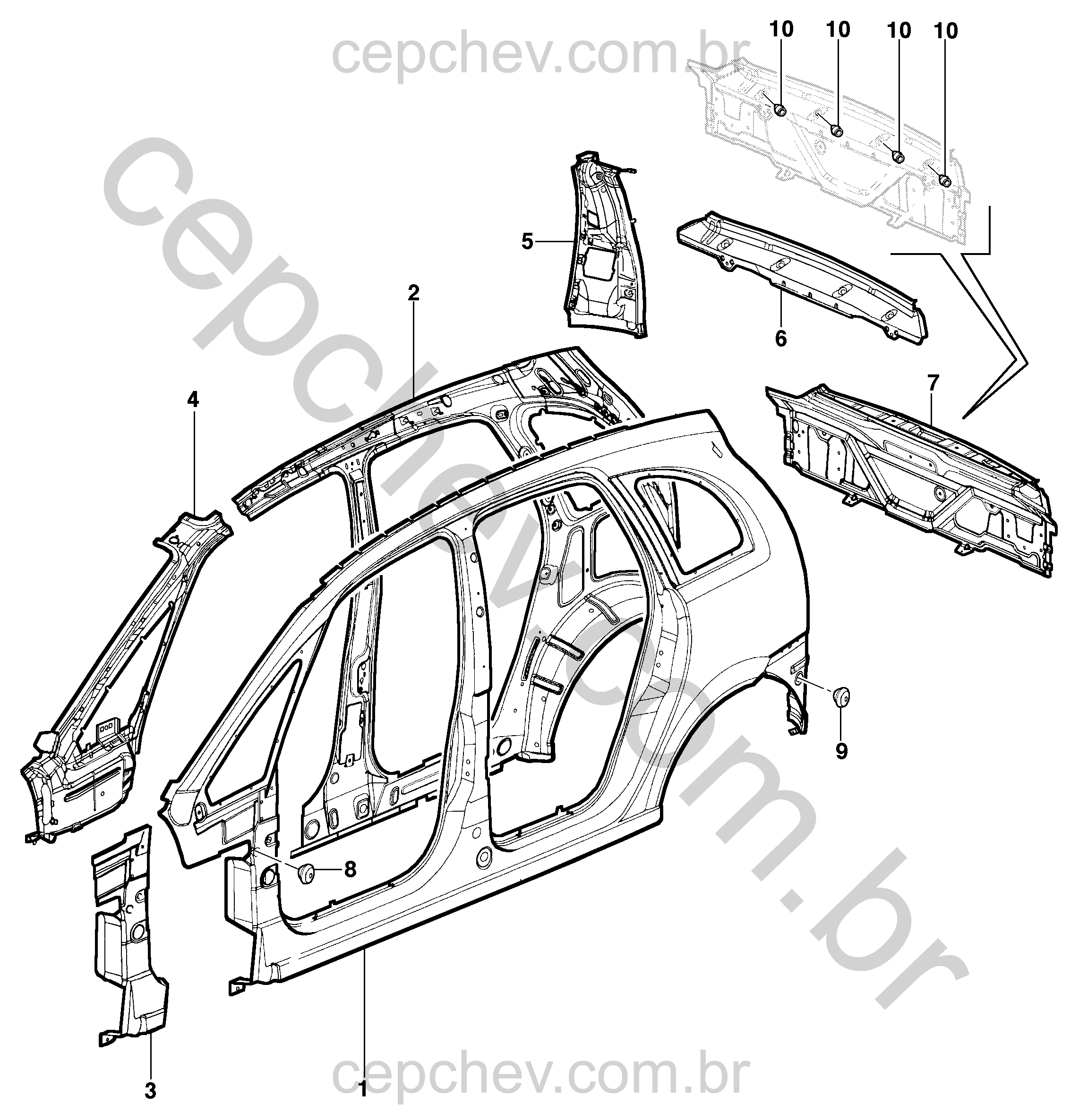 Painel lateral e traseiro para Meriva com reforços e tampões diversos