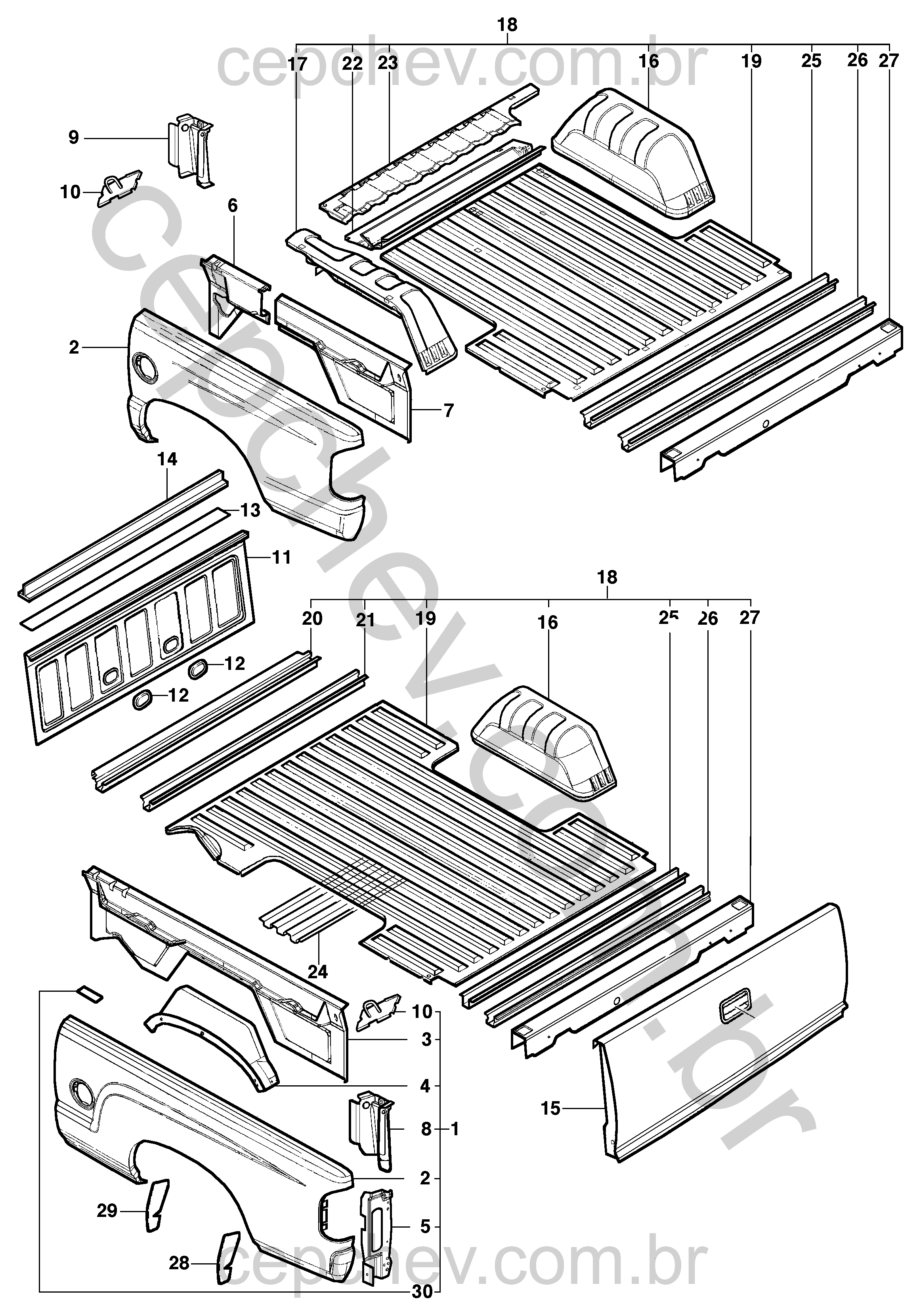 Componentes da caçamba para pick-up