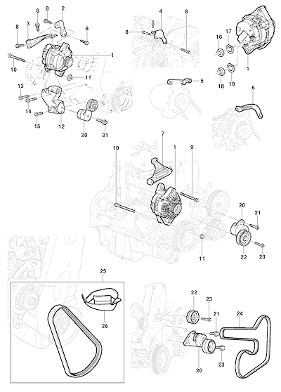 Imagem de Fixação e suporte do alternador com correias e tensionadores para sedan, hatch e pick-up