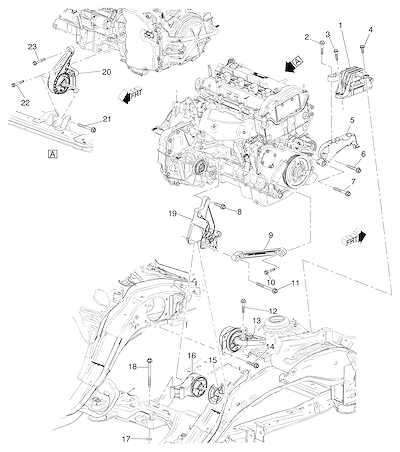 Imagem de Montagem do motor e transmissão com suportes, coxins e fixações diversas