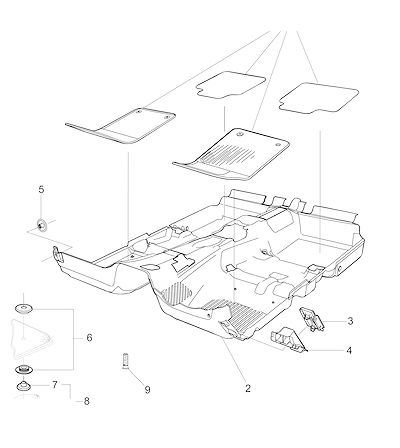 Imagem de Acabamento interno com carpete, tapetes e apoios para pé variados