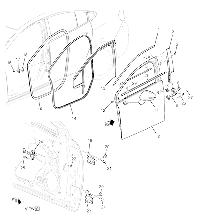 Imagem de Componentes da porta dianteira (2016–2023) com vedação, maçaneta e retrovisor externo
