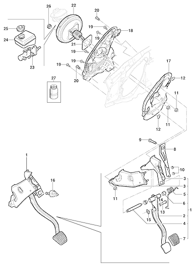 Imagem de Pedal, cilindro-mestre e servo-freio para sedan, hatch e pick-up