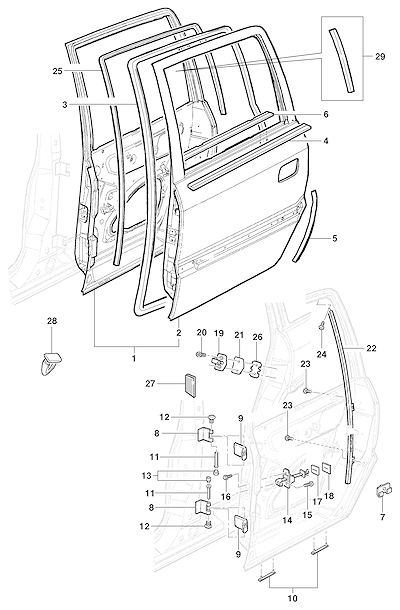 Imagem de Porta traseira e componentes para Zafira, incluindo guarnições e trilhos de vidro
