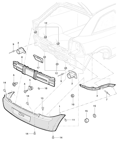 Imagem de Pára-choque traseiro hatch/sedan (2003–) e peças de fixação e impacto