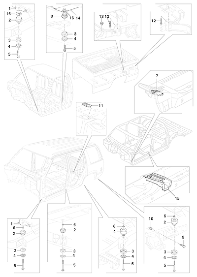 Imagem de Montagem da cabine, carroceria e caçamba com suportes, parafusos e coxins