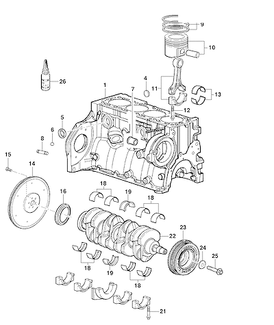 Imagem de Bloco de cilindro e componentes do motor com rolamentos e pistões variados