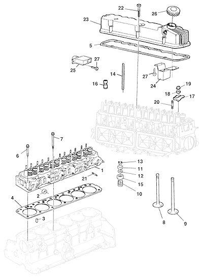 Imagem de Cabeçote do motor gasolina LDX com válvulas e componentes associados
