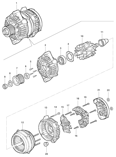 Imagem de Alternador 90A Bosch e componentes elétricos associados