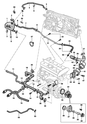 Imagem de Mangueiras, bomba de água e termostato - motor 16V