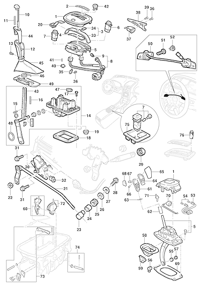 Imagem de Controle da transmissão automática e componentes da alavanca seletora