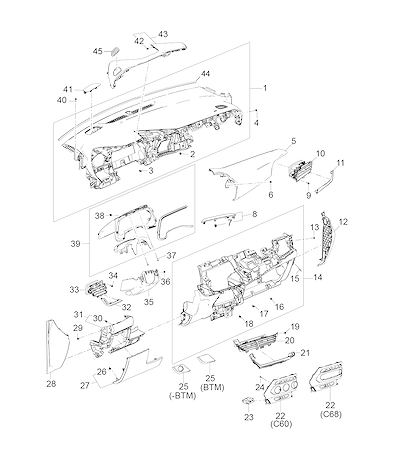 Imagem de Painel de instrumentos e acabamento da carroceria com suportes e fixadores diversos