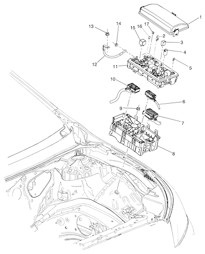 Imagem de Relés e blocos de fusíveis do compartimento do motor e fiação elétrica geral