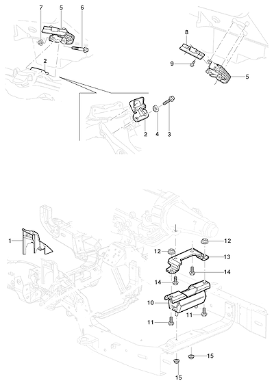 Imagem de Montagem e suportes do motor L35, LG3 e LW9 com fixações e coxins