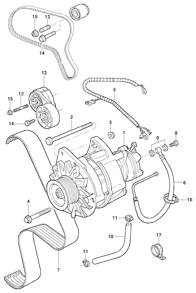 Imagem de Fixação e componentes do alternador e sistema de correia do motor LK6 diesel