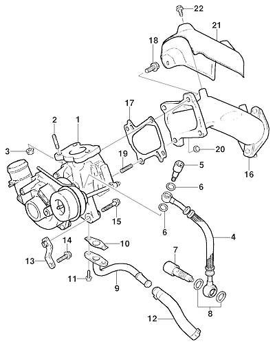 Imagem de Turbo-compressor motor diesel (2002–2004) e componentes de óleo e escapamento