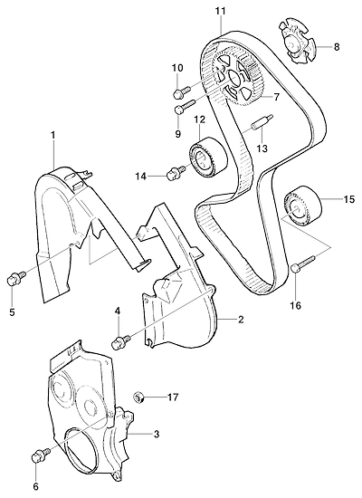 Imagem de Distribuição do motor diesel (2002–2004) e componentes da correia dentada