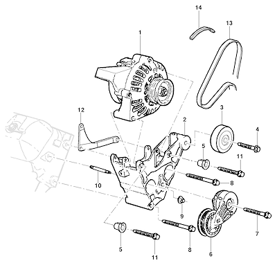 Imagem de Fixação do alternador e componentes do motor L35/LG3/LW9