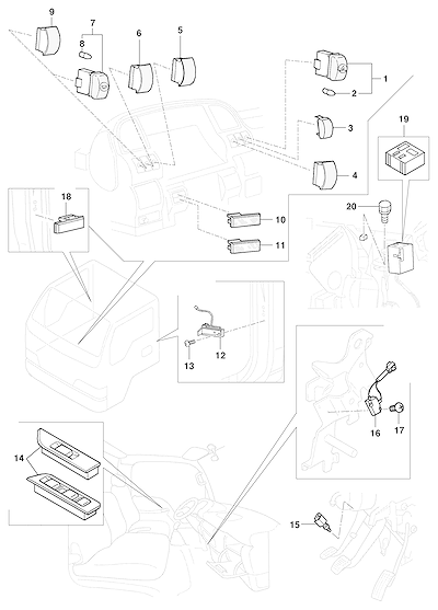 Imagem de Interruptores e sensores para portas, freio, luzes e transmissão automática