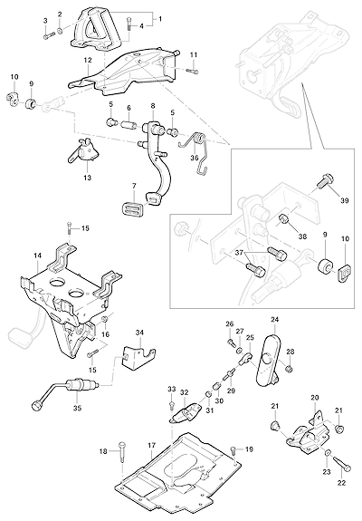 Imagem de Suporte e pedal do freio com componentes de fixação e acionamento completos