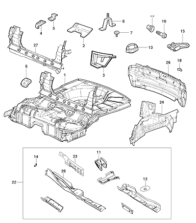 Imagem de Chapa metal e peças do assoalho traseiro e estrutura do compartimento traseiro