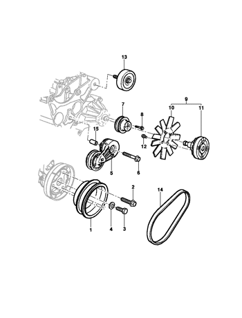 Imagem de Ventilador, polias e correia do motor - Motor L35/LG3/LW9
