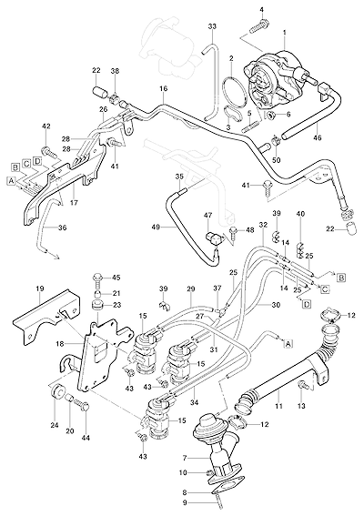 Imagem de Controle de emissões de gases motor diesel (2002–2004) com válvulas e mangueiras de vácuo