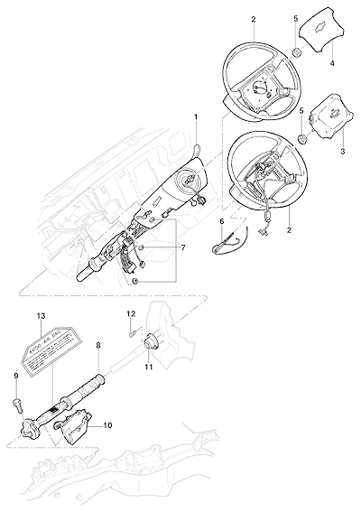 Imagem de Coluna e volante de direção com airbag e componentes de fixação cinza