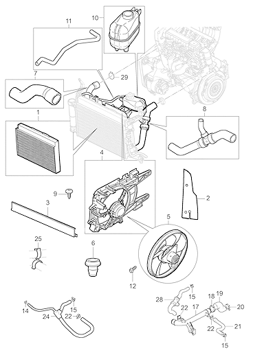 Imagem de Sistema de arrefecimento do motor (2007–2010) com radiador e mangueiras