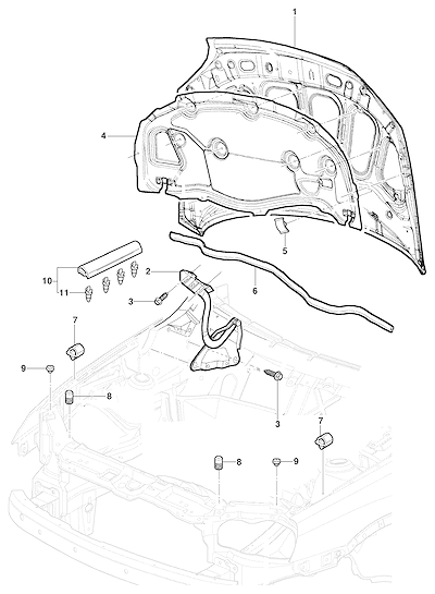 Imagem de Capuz do motor com isolador, dobradiças, coxins e vedadores para sedan, hatch e pick-up