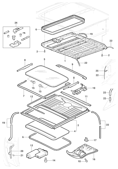 Imagem de Teto solar completo e peças de vedação, drenagem e acionamento para sedan/hatch