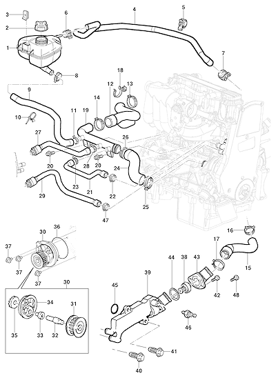Imagem de Mangueiras, bomba de água e termostato - motor 8V