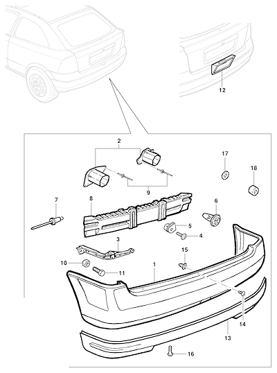 Imagem de Pára-choque traseiro hatch/sedan (1999–2002) e peças de fixação e impacto